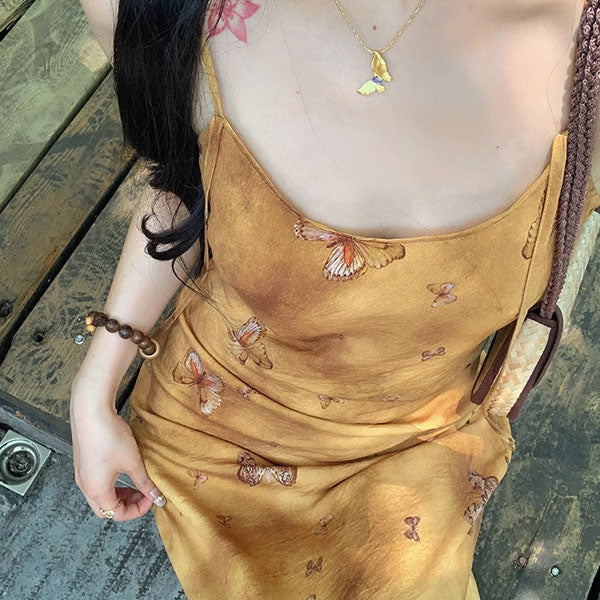 Ira Golden Butterfly Spaghetti Strap Maxi Dress
