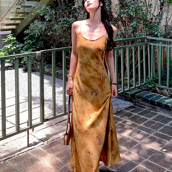 Ira Golden Butterfly Spaghetti Strap Maxi Dress