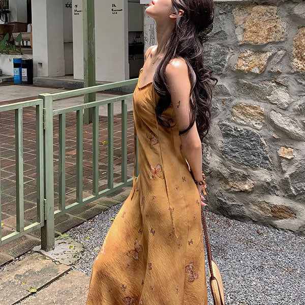 Ira Golden Butterfly Spaghetti Strap Maxi Dress