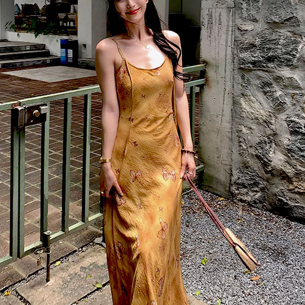 Ira Golden Butterfly Spaghetti Strap Maxi Dress