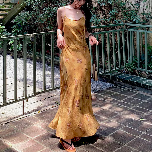 Ira Golden Butterfly Spaghetti Strap Maxi Dress