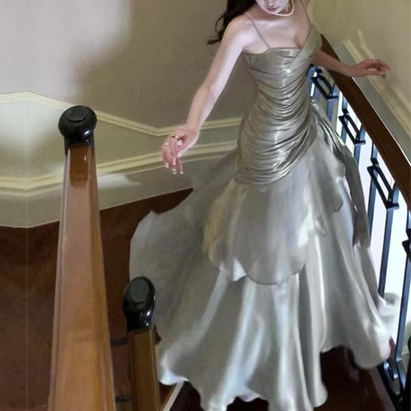 Pamela Enchanting Ruffled Tiered Maxi Dress M / Sage Grey Pamela Enchanting Ruffled Tiered Maxi Dress M / Sage Grey