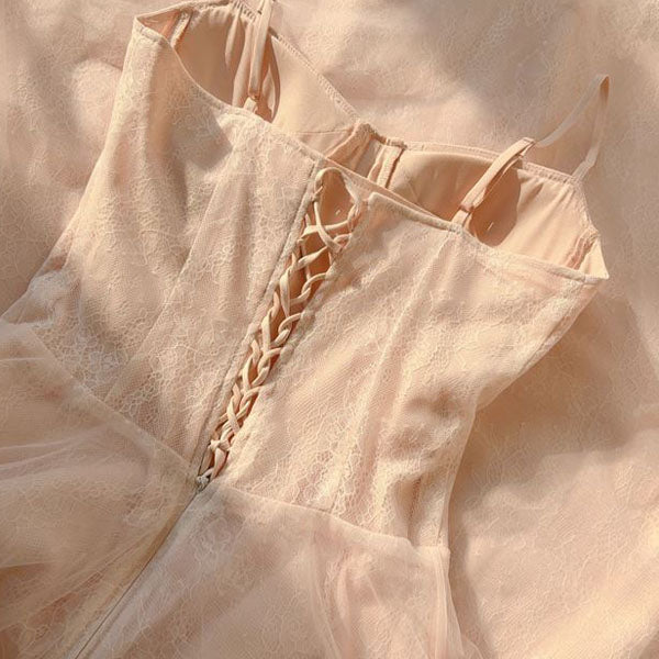 Eos Enchanted Nude Pink Bloom Bustier Lace Tulle Dress