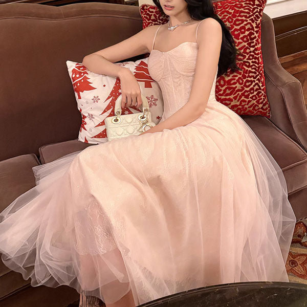 Eos Enchanted Nude Pink Bloom Bustier Lace Tulle Dress