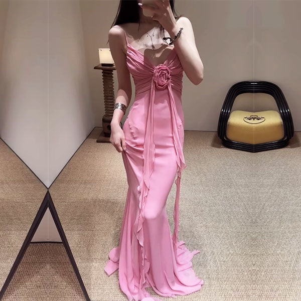 Elicia Elegant Pink Ruched Rosette Evening Dress
