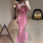 Elicia Elegant Pink Ruched Rosette Evening Dress