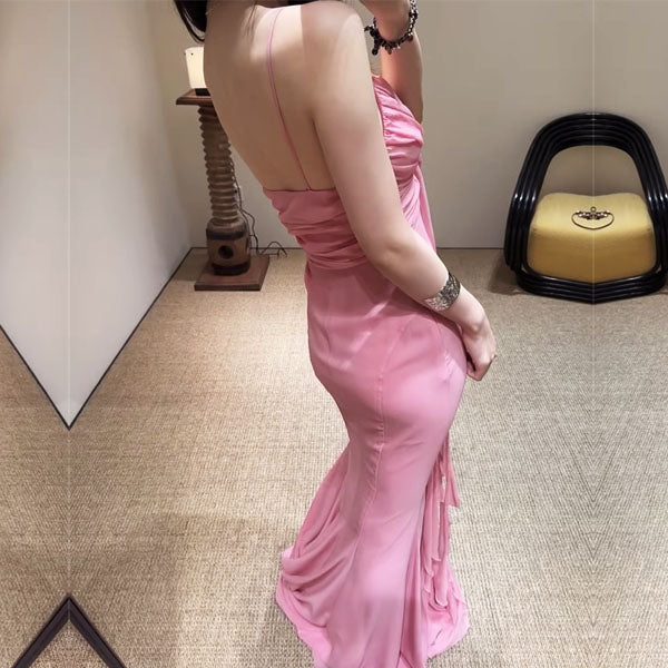 Elicia Elegant Pink Ruched Rosette Evening Dress