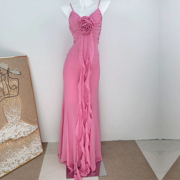 Elicia Elegant Pink Ruched Rosette Evening Dress
