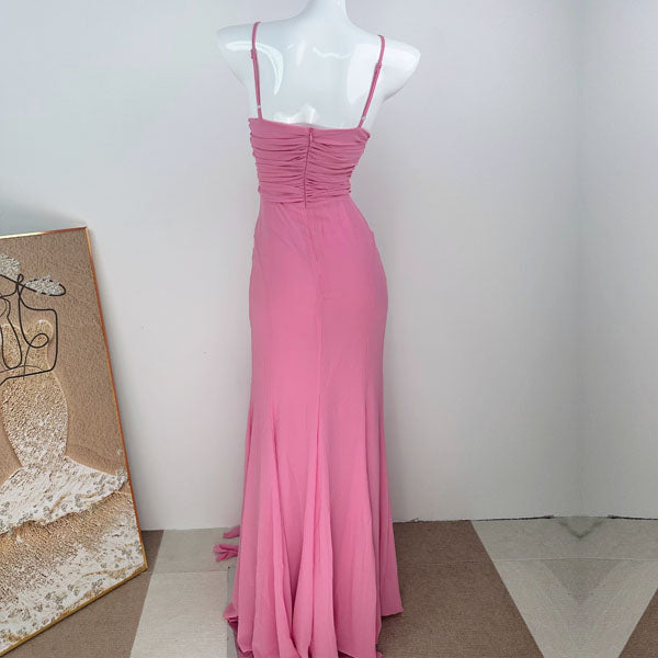 Elicia Elegant Pink Ruched Rosette Evening Dress