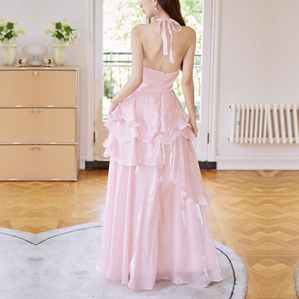 pink tie dress Glitter Tie Straps Pink Plunging Neck Tiered Long Prom Dress FancyVestido