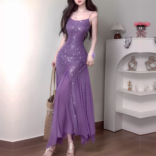 Ann Embellished Glitter Bodycon Pixie Hem Maxi Dress XS / Purple Ann Embellished Glitter Bodycon Pixie Hem Maxi Dress XS / Purple