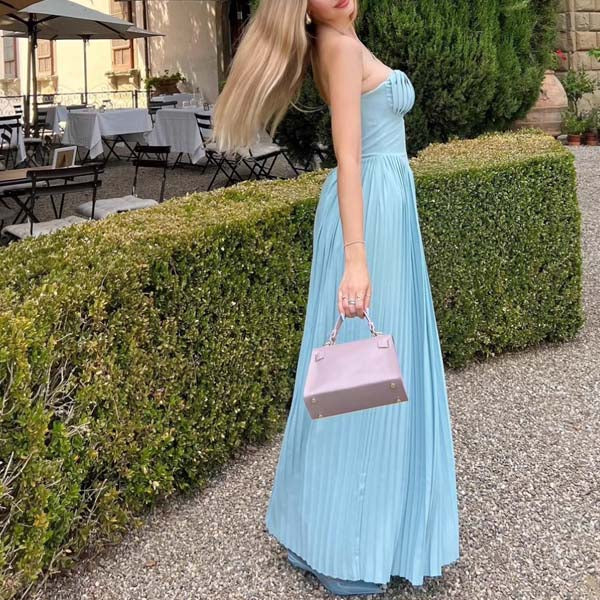 Kira Baby Blue Bustier Pleated Maxi Dress