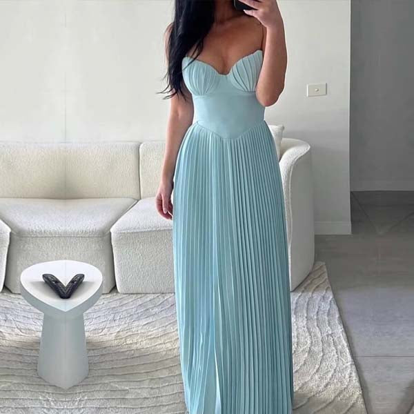 Kira Baby Blue Bustier Pleated Maxi Dress