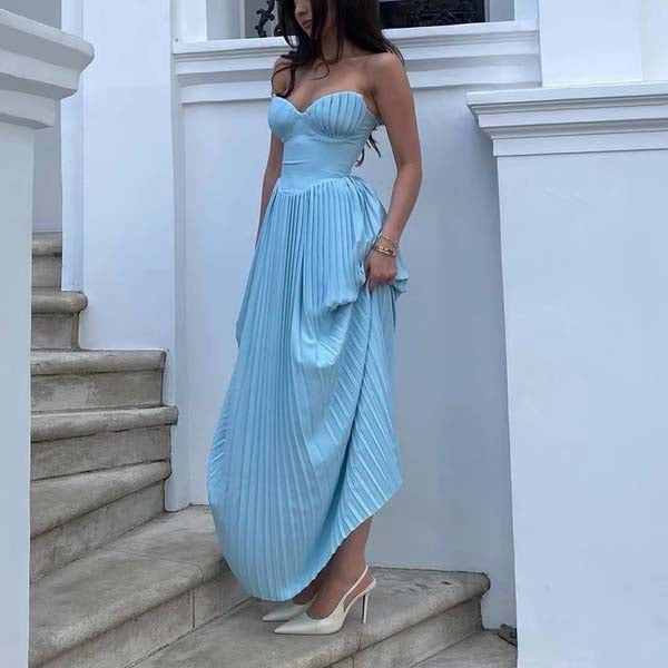 Kira Baby Blue Bustier Pleated Maxi Dress