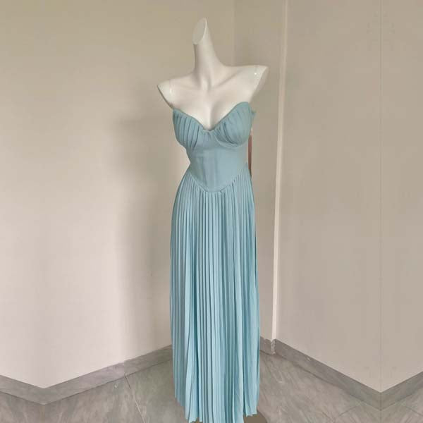 Pleated Strapless Sky Blue Maxi Dress M / Blue Pleated Strapless Sky Blue Maxi Dress M / Blue