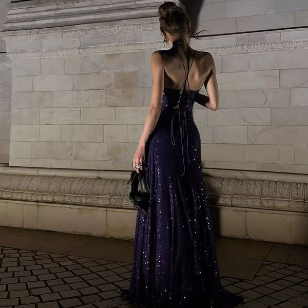 purple lace back dress Lora Sparkle Purple Lace Back Evening Dress S