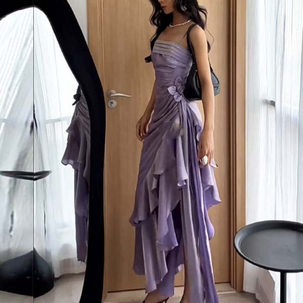 layered asymmetrical dress Strapless Neckline Layered Ruffled Asymmetric Dress