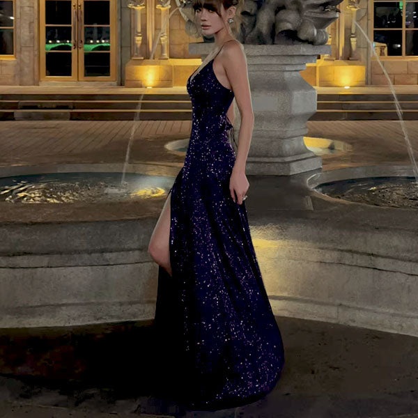 open lace back dress Lora Sparkle Purple Lace Back Evening Dress S