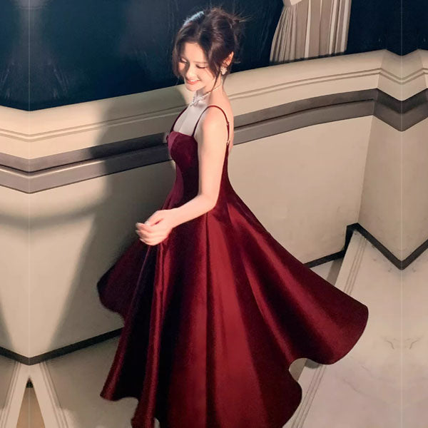 Yolanda Elegant Wine Red Sweetheart Midi Flare Dress L