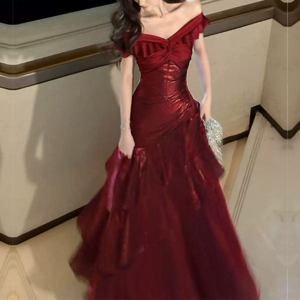 Meliora Elegant Red Off-Shoulder Ruffles Evening Dress M