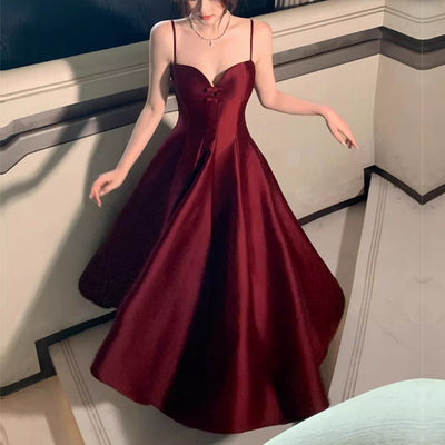 Yolanda Elegant Wine Red Sweetheart Midi Flare Dress L