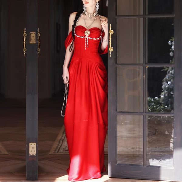 red off the shoulder corset dress Off-the-shoulder draped corset satin gown