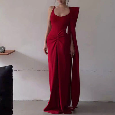 Celina Elegant Red Spaghetti Strap Fitted Dress w Scarf