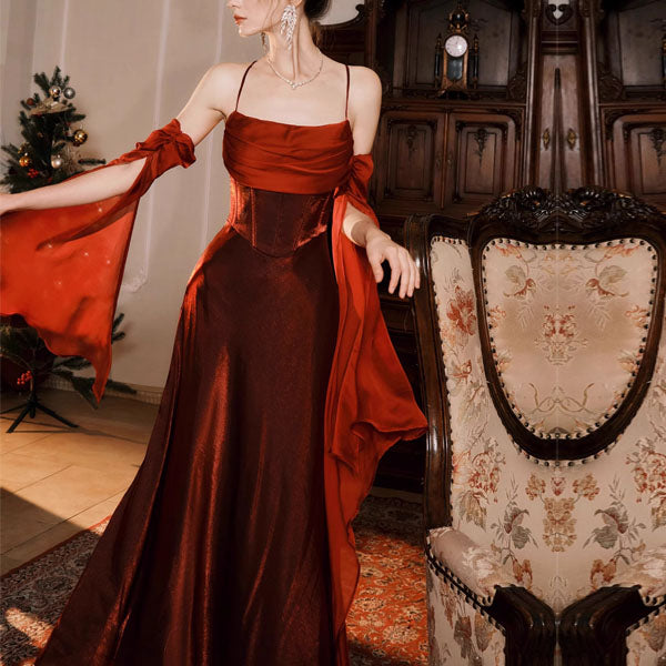 Claudine Elegant Scarlet Evening Dress with Detachable Sleeves