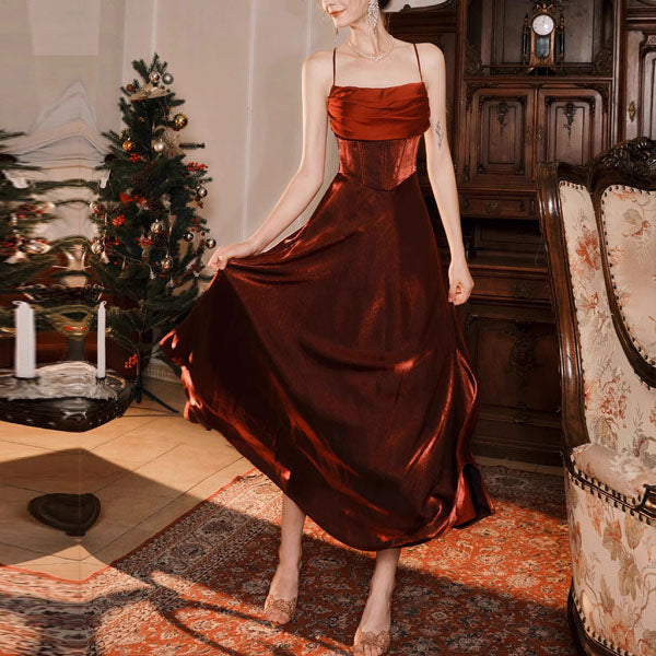 Claudine Elegant Scarlet Evening Dress with Detachable Sleeves