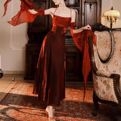 Claudine Elegant Scarlet Evening Dress with Detachable Sleeves