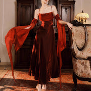 Claudine Elegant Scarlet Evening Dress with Detachable Sleeves