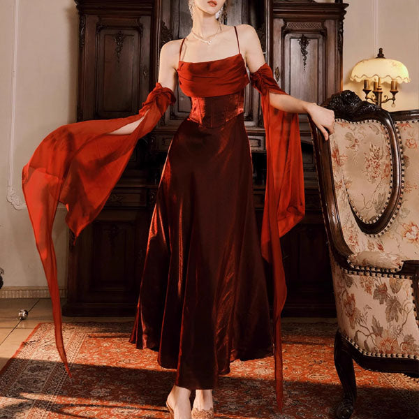 Claudine Elegant Scarlet Evening Dress with Detachable Sleeves