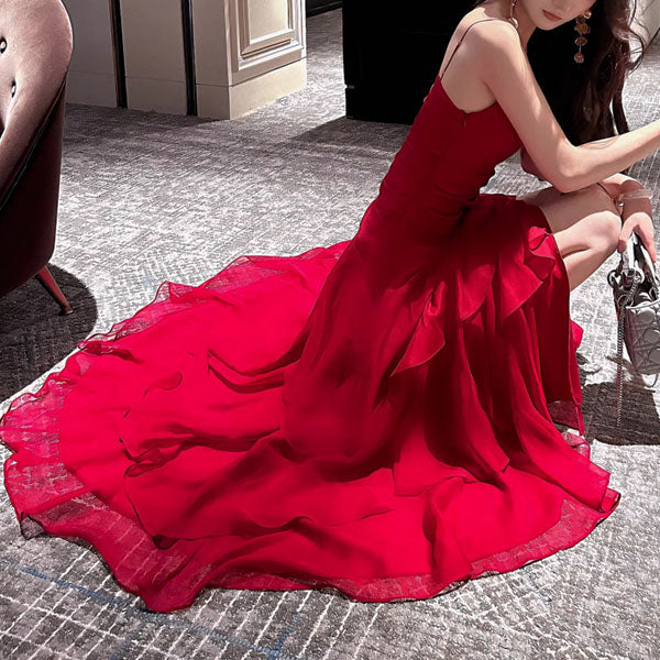 Alana Crimson Red Tiered Evening Maxi Dress