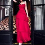 Alana Crimson Red Tiered Evening Maxi Dress