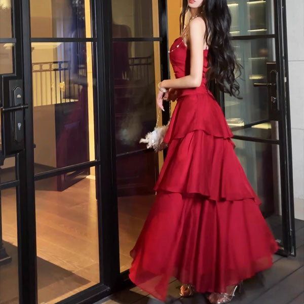 Alana Crimson Red Tiered Evening Maxi Dress