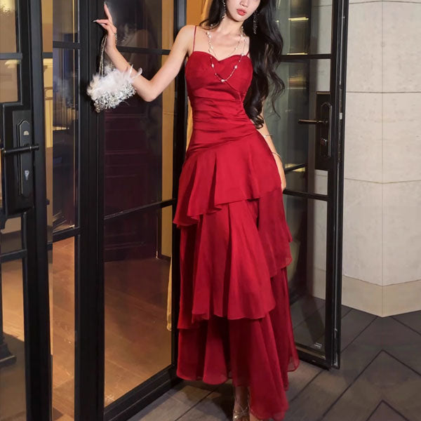 Alana Crimson Red Tiered Evening Maxi Dress