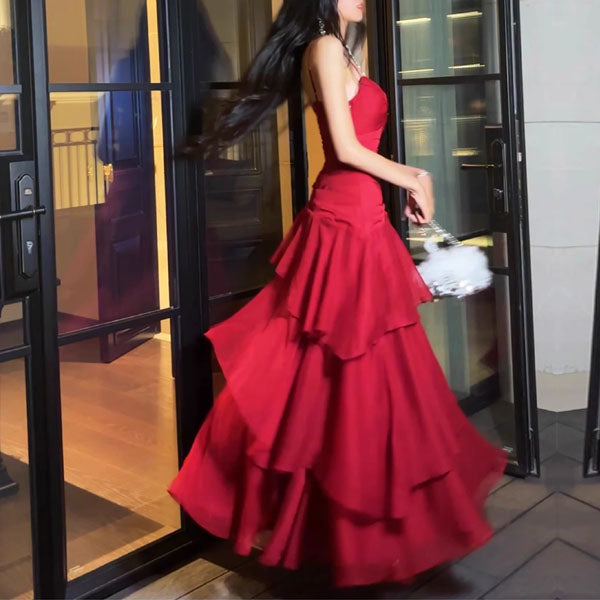Alana Crimson Red Tiered Evening Maxi Dress