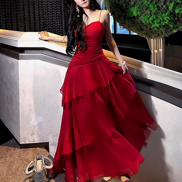Alana Crimson Red Tiered Evening Maxi Dress M
