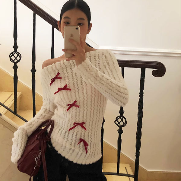 Lara Off Shoulder Ribbon Knit Top