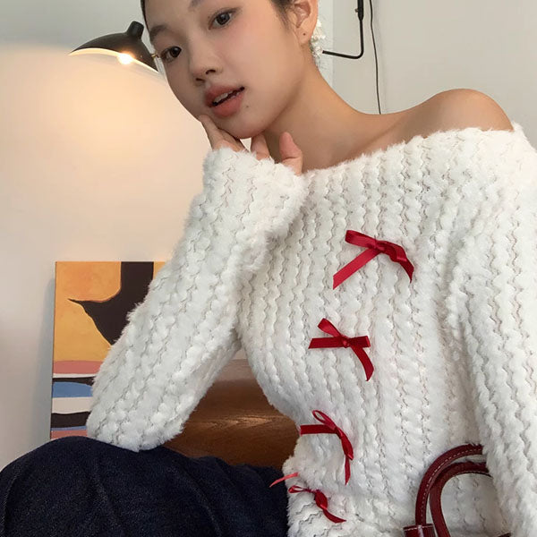 Lara Off Shoulder Ribbon Knit Top