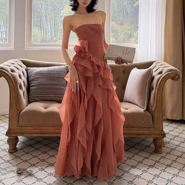 Aurelia Romantic Rust Orange Layered Ruffles Evening Dress L