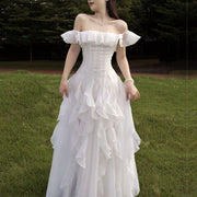 Ellura Ethereal White Ruffle Off-Shoulder Dress