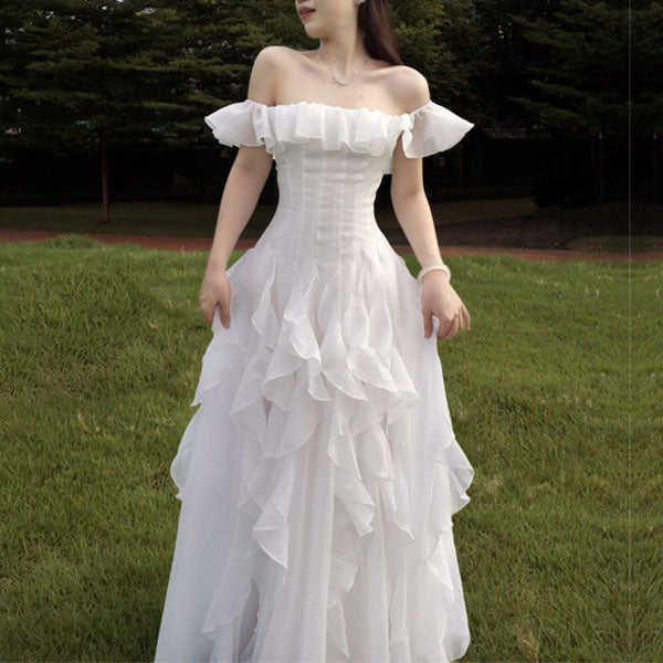 Ellura Ethereal White Ruffle Off-Shoulder Dress