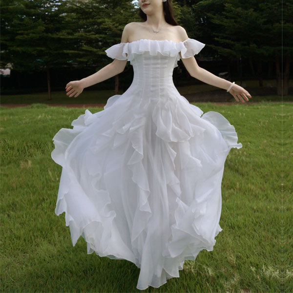 Ellura Ethereal White Ruffle Off-Shoulder Dress