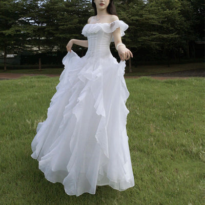 Ellura Ethereal White Ruffle Off-Shoulder Dress