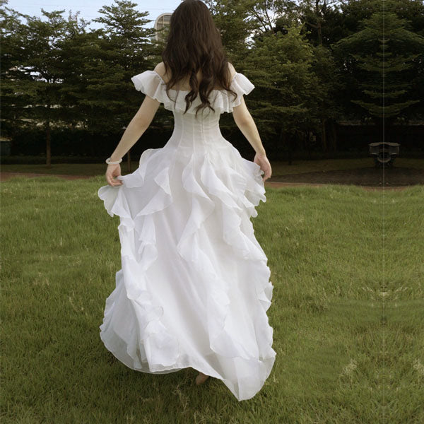white ruffle sleeve dress Ellura Ethereal White Ruffle Off-Shoulder Dress XS