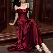 Rosaire Elegant Scarlet Off-Shoulder Ruffles Evening Dress