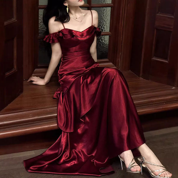 Rosaire Elegant Scarlet Off-Shoulder Ruffles Evening Dress