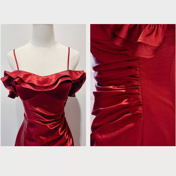 Rosaire Elegant Scarlet Off-Shoulder Ruffles Evening Dress