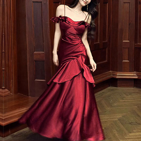 Rosaire Elegant Scarlet Off-Shoulder Ruffles Evening Dress L Rosaire Elegant Scarlet Off-Shoulder Ruffles Evening Dress L